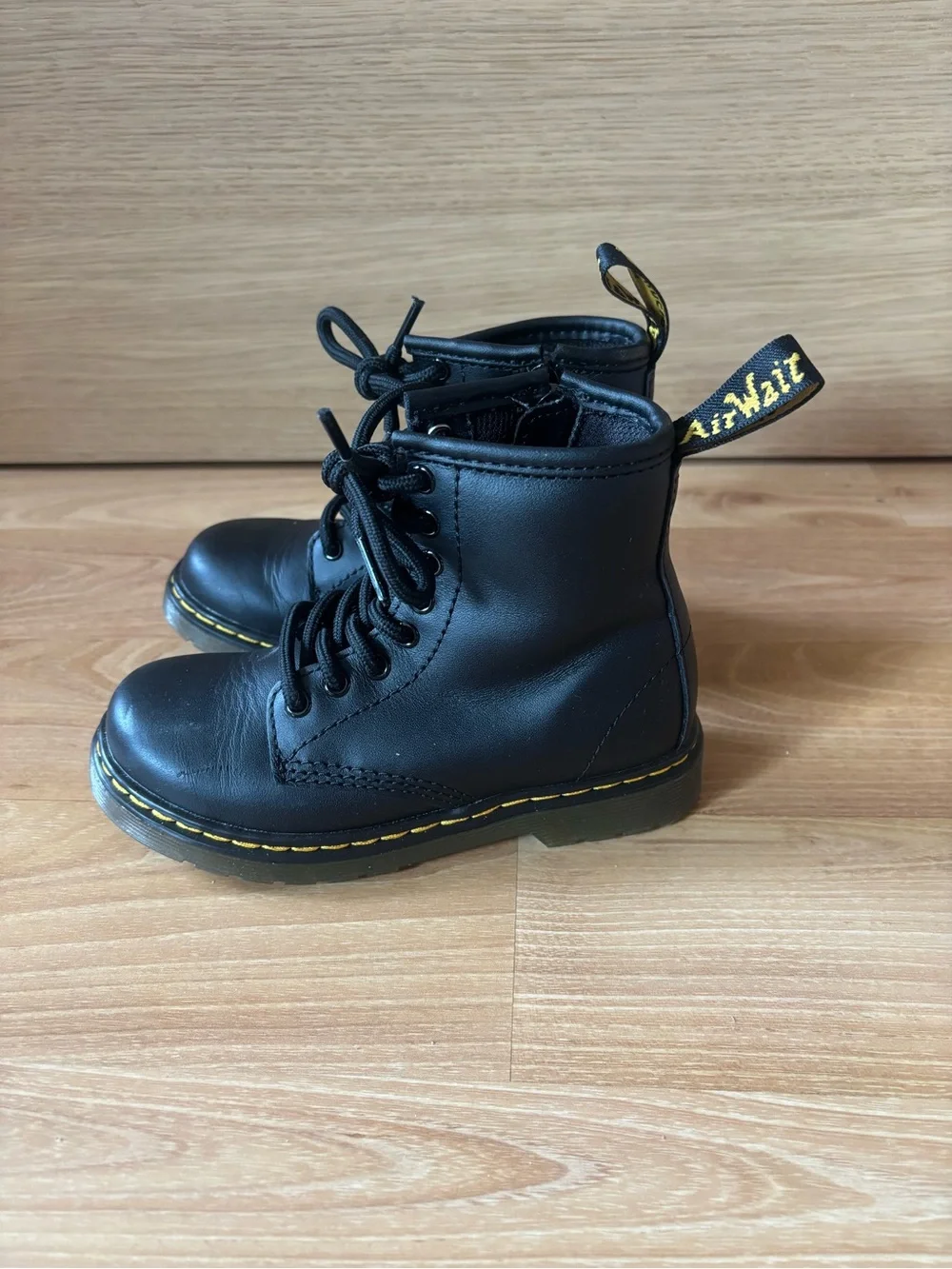 Dr. Martens Black Kids Lace-Up Boots with Yellow Stitching